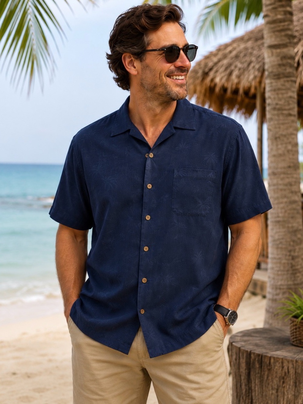 Sol Silk Rio Havana Men's XL Navy Blue Silk Hawaiian Camp Shirt Palm Tree Resort